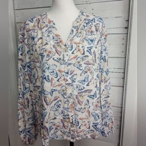 Kate & Sam Womens Large Butterfly Print Blouse Top Long Sleeve Button Front Boho